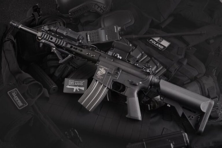 Detailed view of military rifles and tactical equipment, showcasing precision.